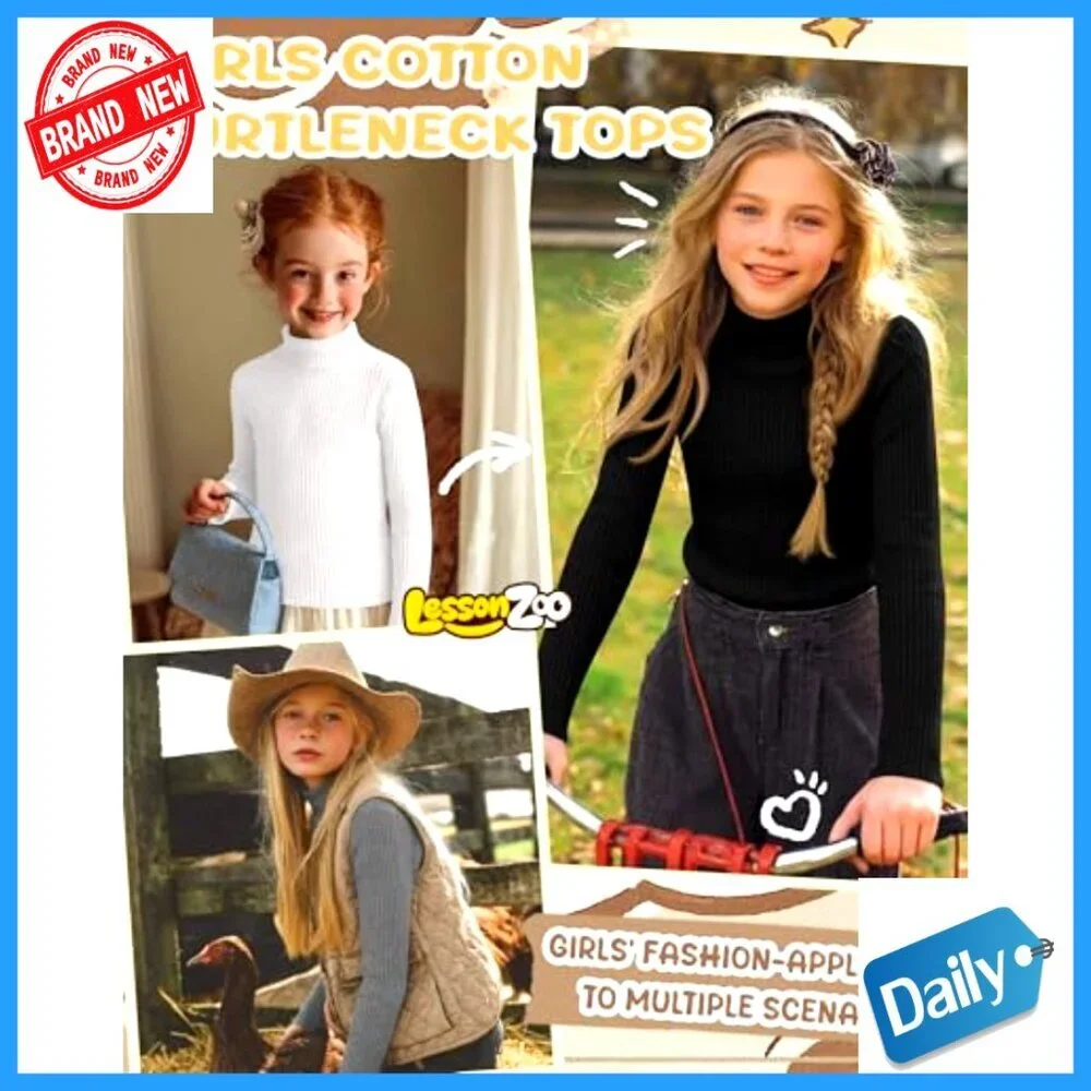 3 Pack Girls' Ribbed Long Sleeve Mock Turtleneck Cotton Tees Base Layer